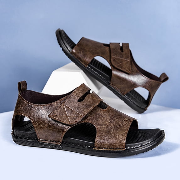 EKVAHL Leather Roman Sandals for Men, Breathable Open Toe Flat Walking Shoes, Non Slip Beach Outdoor Daily Casual Sandals Brown