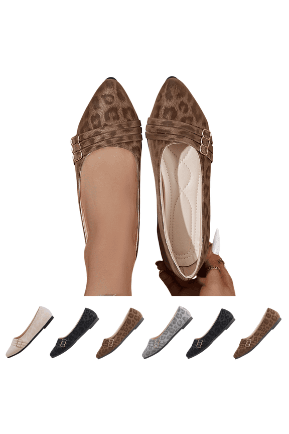 Leopard Flats for Women Pointed Toe Leopard Print Flat Shoes with Buckles Comfy Dressy Animal Print Slip On Loafers Office Simple Outdoor Stylefor Commuting and Shopping Brown