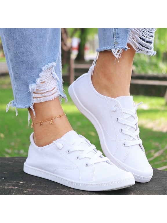 Low Top Canvas Sneakers for Women, Lace Up Flexible Cushioned Non Slip Casual Footwear, Daily Errands Outdoor Everyday Sneakers White