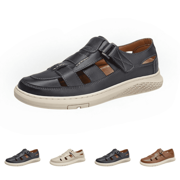 EKVAHL Men's Closed Toe Leather Fisherman Sandals, Adjustable Breathable Casual Summer Outdoor Walking Shoes for Men Black
