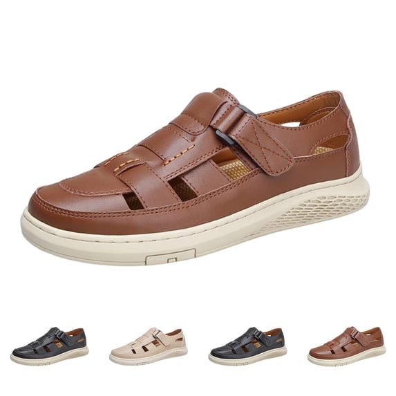 EKVAHL Men's Closed Toe Leather Fisherman Sandals, Adjustable Breathable Casual Summer Outdoor Walking Shoes for Men Brown