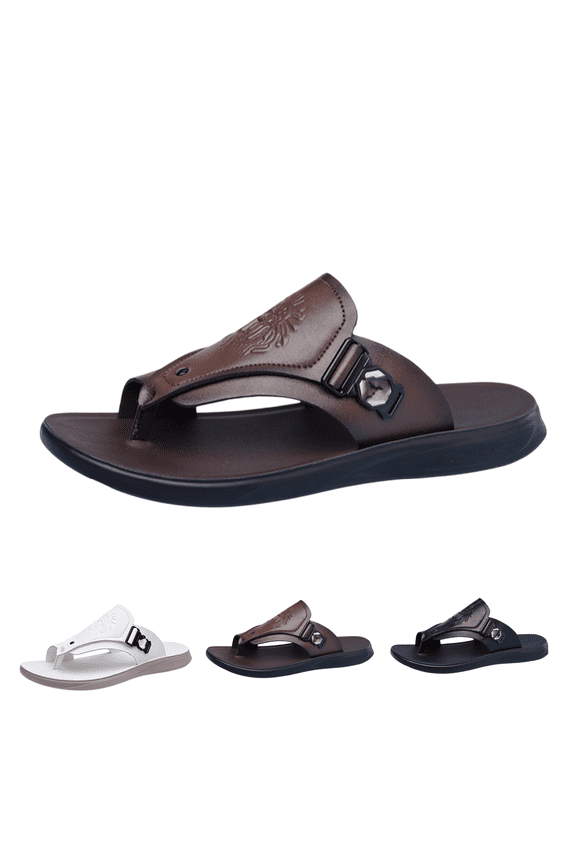 Men's Leather Buckle Thong, Adjustable Open Toe Flip Flops, Soft Sole Outdoor Summer Beach Casual Slides Brown