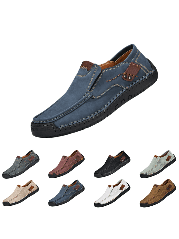 Men's Leather Casual Slip-On Loafers, Lightweight Non-Slip Hand-Stitched Moccasins for Walking and Outdoor Use Blue