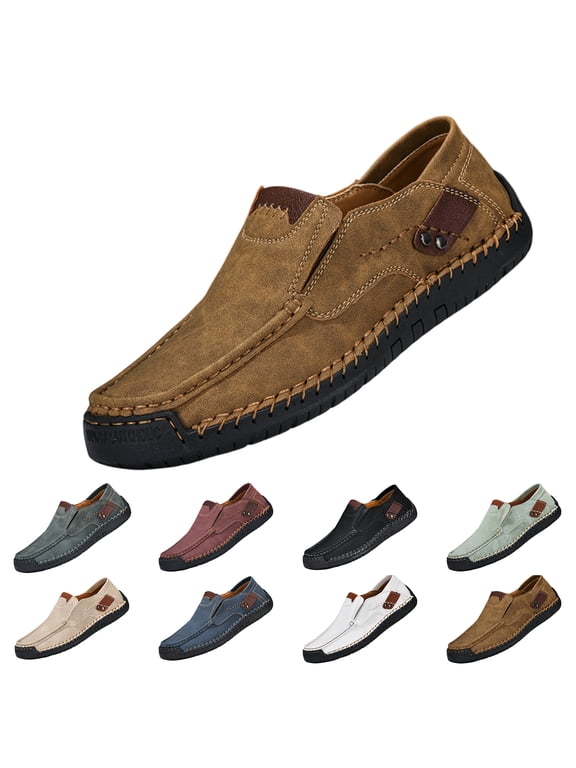 Men's Leather Driving Walking Shoes,Vintage Lightweight Comfort Slip-On Flat Moccasin Dress Oxford Casual Boat Loafers Brown
