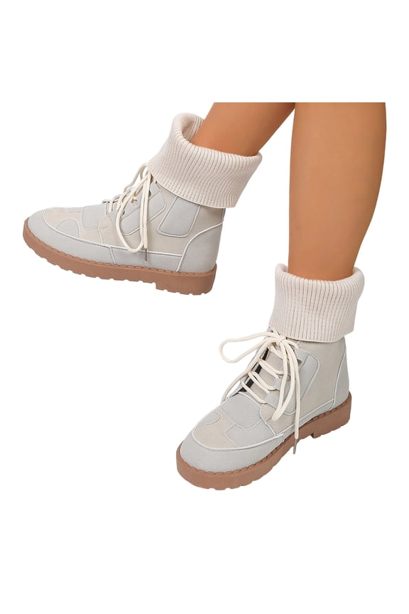 Orthopedic Ankle Boots for Women, Hiking Booties Combat Walking Shoes, Patchwork Suede Knit Cuff Arch Support Winter Daily Boots White