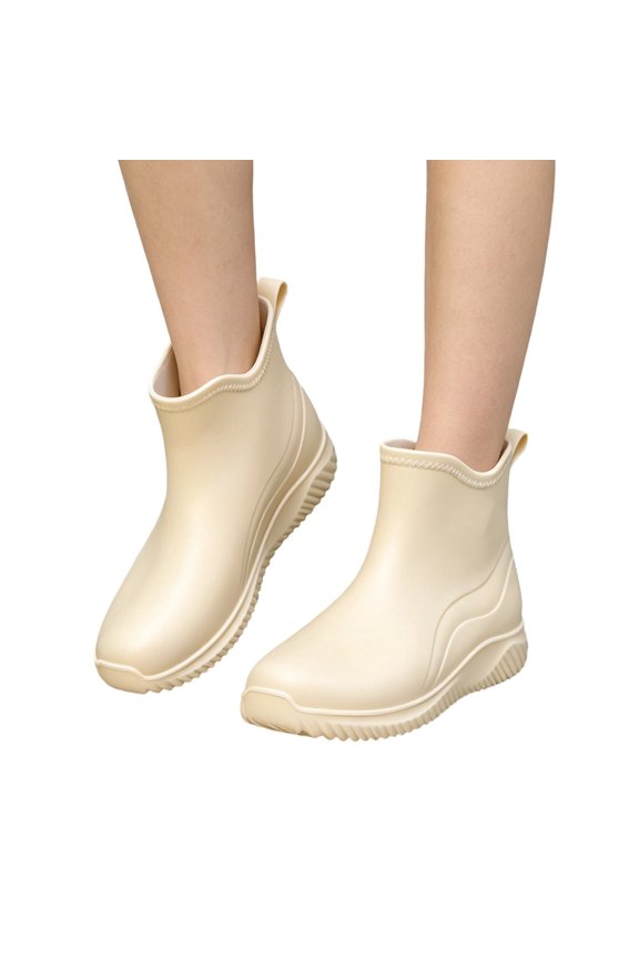 Orthopedic Ankle Rain Booties for Women, PVC Flat Slip On Garden Boots, Cushioned Arch Fishing Daily Walking Booties Beige