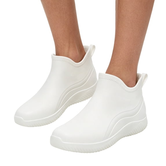 EKVAHL Orthopedic Ankle Rain Booties for Women, PVC Flat Slip On Garden Boots, Cushioned Arch Fishing Daily Walking Booties White
