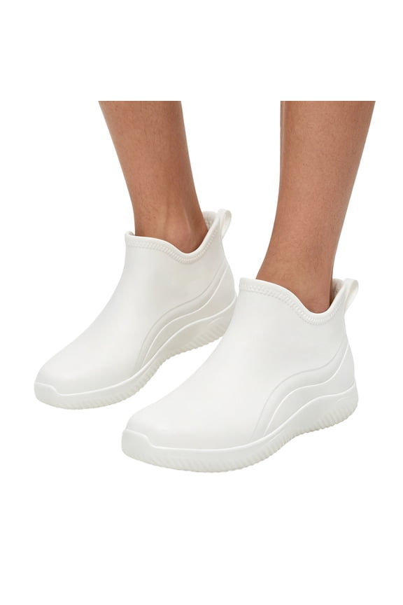 Orthopedic Ankle Rain Booties for Women, PVC Flat Slip On Garden Boots, Cushioned Arch Fishing Daily Walking Booties White