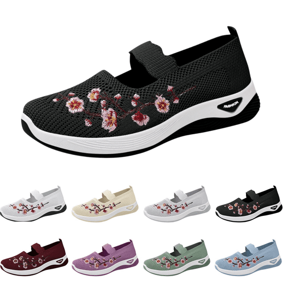 EKVAHL Orthopedic Arch Support Slip-On Shoes, Woven Knit Mesh Flats, Non-Slip Wide Casual Walking Sneakers for Women Black
