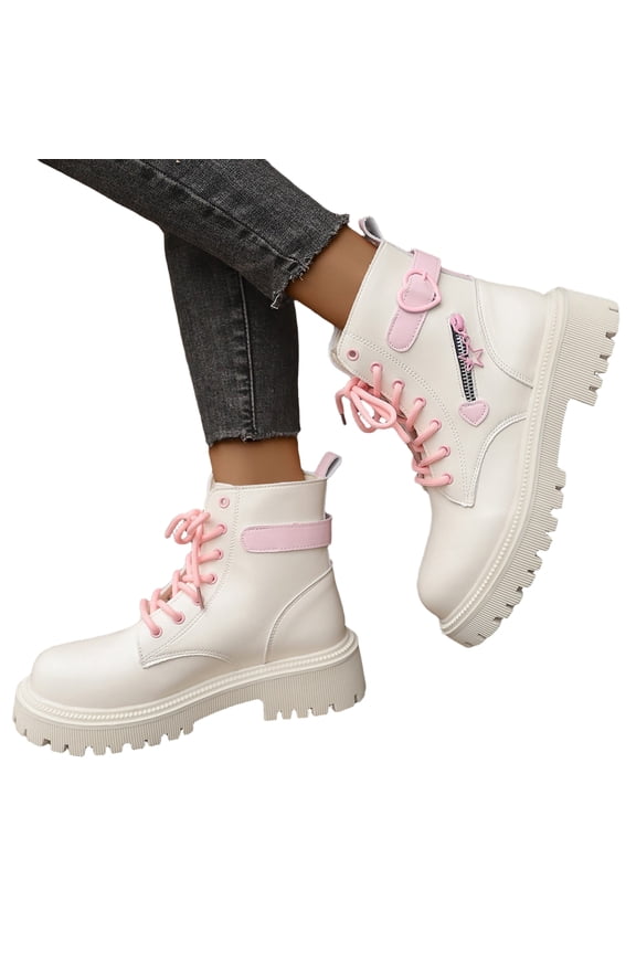 Orthopedic Boots for Women, Platform Lace Up Goth Ankle Booties, Heart Star Decor Street Party Daily Walking Boots White