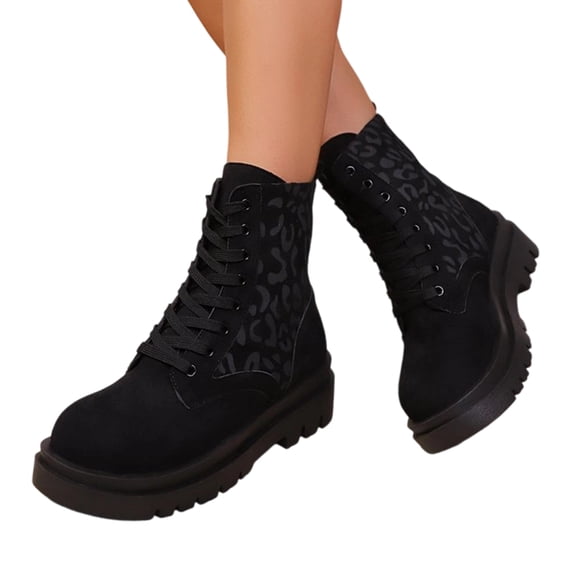 EKVAHL Orthopedic Combat Boots for Women, Lug Sole Booties Walking Shoes, Faux Suede Leopard Print Arch Support Lace Up Non Slip Outdoor Fall Winter Motorcycle Daily Boots Black