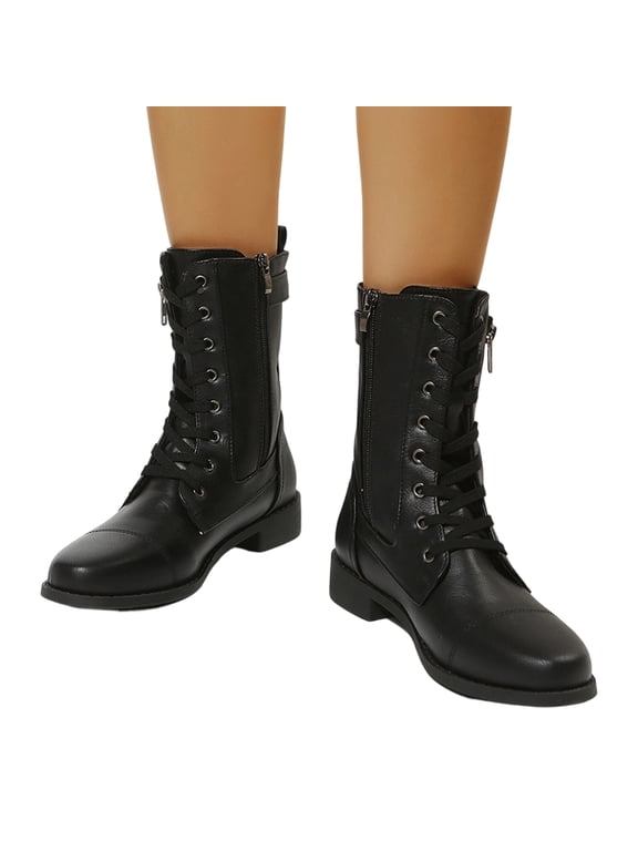 Orthopedic Combat Boots for Women, Mid Calf Booties Moto Walking Shoes, Smooth Leather Side Zipper Buckle Arch Support Winter Outdoor Boots Black