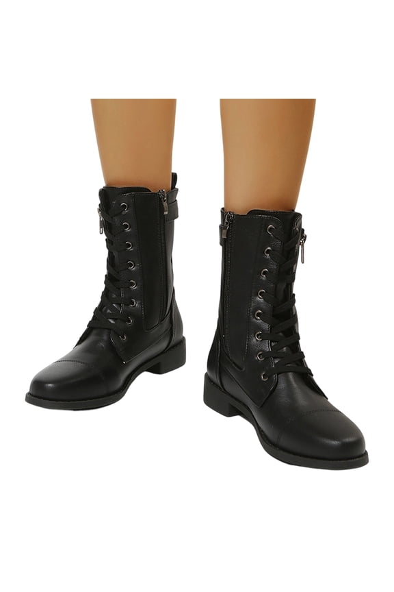 Orthopedic Combat Boots for Women, Mid Calf Booties Moto Walking Shoes, Smooth Leather Side Zipper Buckle Arch Support Winter Outdoor Boots Black