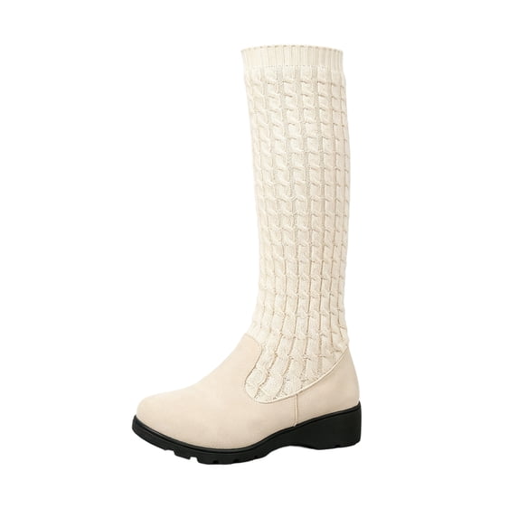 EKVAHL Orthopedic Knee High Boots for Women, Tall Booties Wedge Walking Shoes, Stretch Knit Fabric Arch Support Closed Toe Travel Fall Daily Boots White