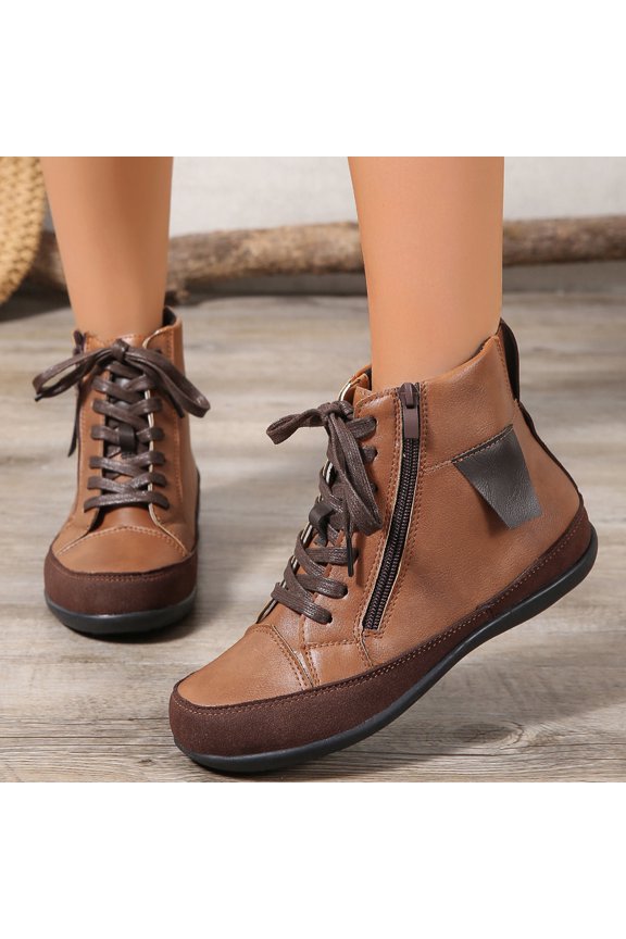 Orthopedic Lace Up Ankle Booties for Women, PU Suede Arch Support Flat Short Boots, Side Zipper Retro Outdoor Daily Walking Casual Shoes Brown