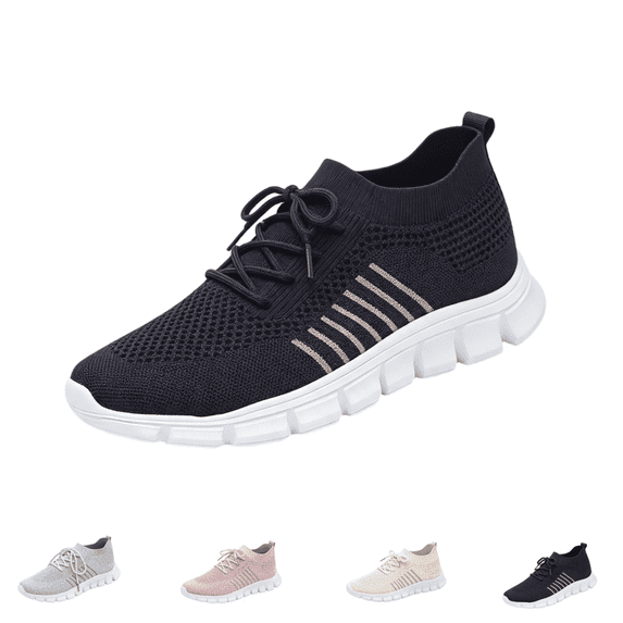 EKVAHL Orthopedic Lace‑Up Sneakers for Women, Knit Wide Width Non‑Slip Athletic Shoes, Gym Workout Daily Outdoor Running Sneakers Black