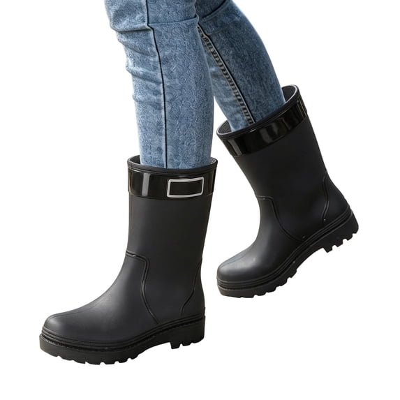 EKVAHL Orthopedic Mid Calf Rain Boots for Women, Matte PVC Slip On Gardening Boots, Lightweight Arch Support Outdoor Daily Walking Shoes Black