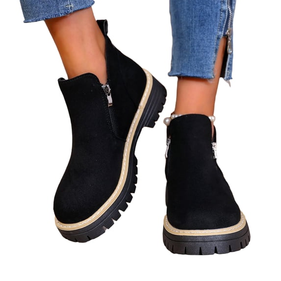 EKVAHL Orthopedic Platform Chelsea Booties for Women, Lug Sole Arch Support Slip On Short Boots, Side Zipper Retro Daily Outdoor Walking Boots Black