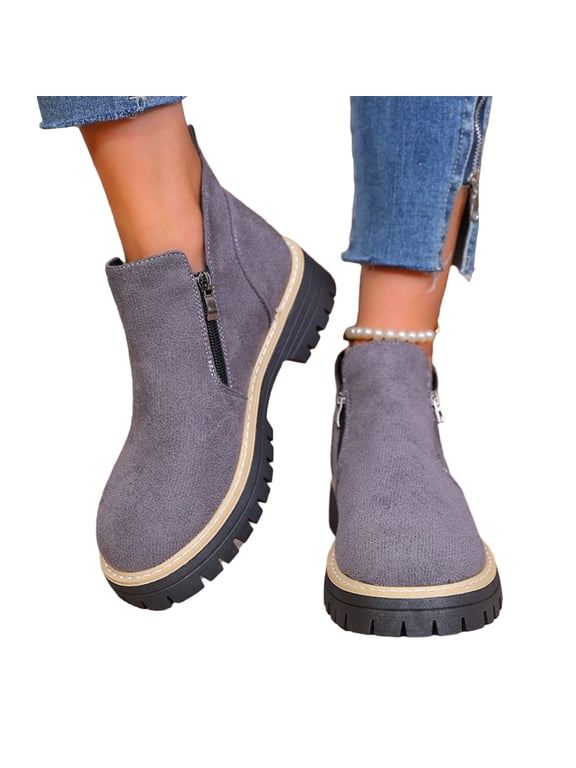 Orthopedic Platform Chelsea Booties for Women, Lug Sole Arch Support Slip On Short Boots, Side Zipper Retro Daily Outdoor Walking Boots Gray