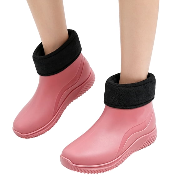 EKVAHL Orthopedic Rain Booties for Women, PVC Fleece Collar Short Garden Boots, Arch Support Non Slip Farm Walking Shoes Pink