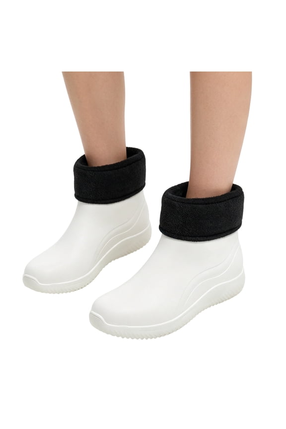 Orthopedic Rain Booties for Women, PVC Fleece Collar Short Garden Boots, Arch Support Non Slip Farm Walking Shoes White