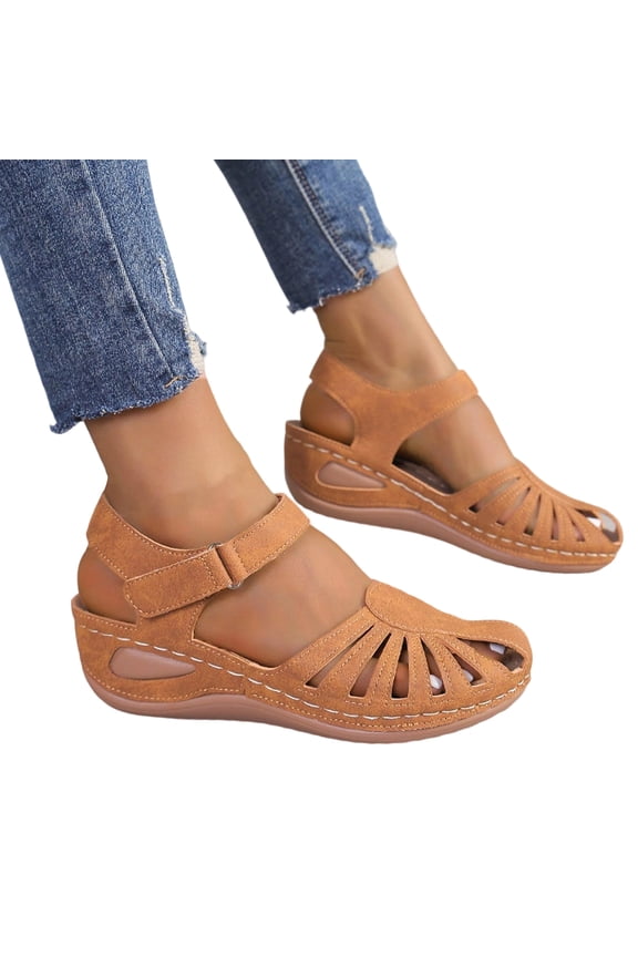 Orthopedic Shoes for Women, Closed-Toe Fisherman Sandals, Adjustable Strap Flat Shoes with Arch Support for All-Day Walking Brown