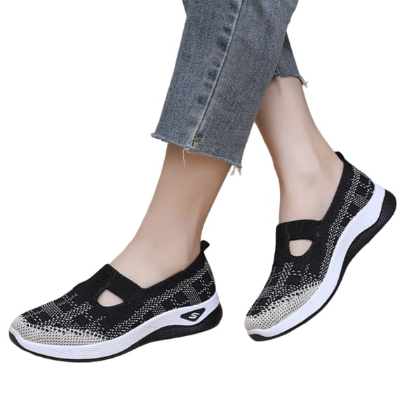 EKVAHL Orthopedic Slip On Sneakers for Women, Breathable Knit Mesh Arch Support Platform Travel Casual Slip Ons, Outdoor Daily Workout Fashion Sneakers Black