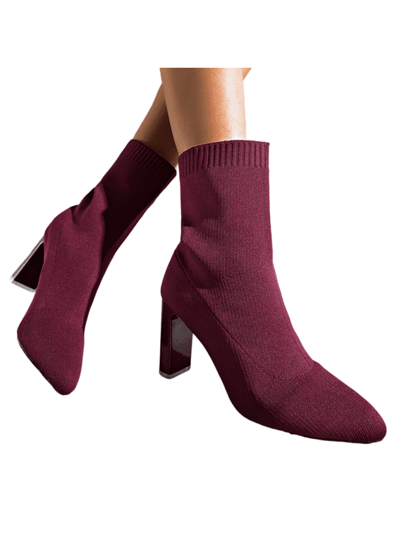 Orthopedic Sock Ankle Boots for Women, Dress Booties Heel Walking Shoes, Knit Chunky Block Heel Arch Support Pointed Toe Wedding Party Winter Boots Red