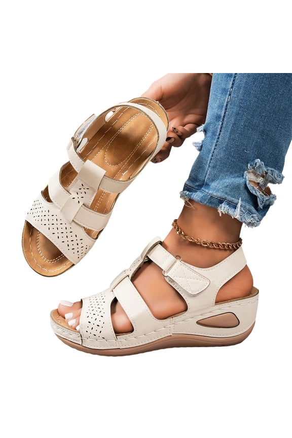 Orthopedic Wedge Sandals for Womens, Ankle T-Strap Cushioned Sandals, Open Toe Boho Beach Party Vacation Walking Sandals White