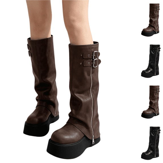 EKVAHL Platform High Boots for Women Round Toe Side Zipper Height-Increasing Comfortable Mid-Calf Boots Faux Leather Pull On Chunky Heel Knee High Boots Trendy Street‑Style Daily Footwear