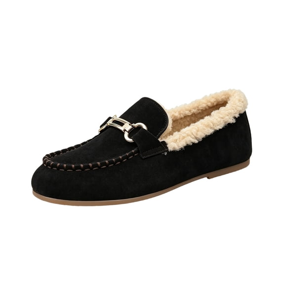 EKVAHL Plush Lined Loafers for Women, Suede Slip On Soft Non Slip Sole Warm Winter Moccasin Flats, Office Outdoor Daily Casual Loafers Black