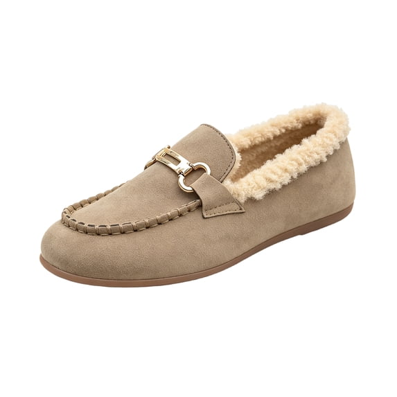 EKVAHL Plush Lined Loafers for Women, Suede Slip On Soft Non Slip Sole Warm Winter Moccasin Flats, Office Outdoor Daily Casual Loafers Brown