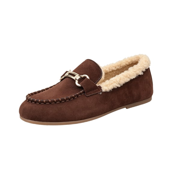 EKVAHL Plush Lined Loafers for Women, Suede Slip On Soft Non Slip Sole Warm Winter Moccasin Flats, Office Outdoor Daily Casual Loafers Brown
