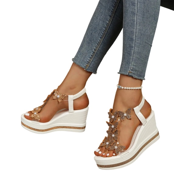 EKVAHL Rhinestones Wedge Sandals for Women Sparkly Butterfly Dressy Summer Open Toe Low Platform Wedges Sandals Elastic Ankle Strap Bling Heels Dress Shoes Comfortable Casual Slip On Sandals Brown