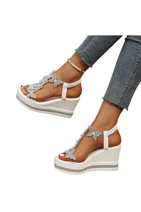 Rhinestones Wedge Sandals for Women Sparkly Butterfly Dressy Summer Open Toe Low Platform Wedges Sandals Elastic Ankle Strap Bling Heels Dress Shoes Comfortable Casual Slip On Sandals Silver
