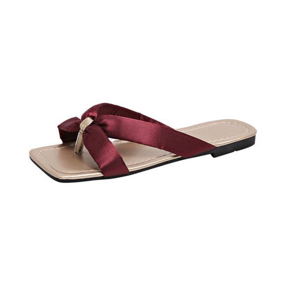 EKVAHL Satin Slide Bowknot Flip Flop Sandals for Women 2026 Fashion Silky Bridal slippers Bow Open Toe Flat Sandal Bedroom Slipper for Wedding Party Summer Beach Vacation Thong Sandal Wine
