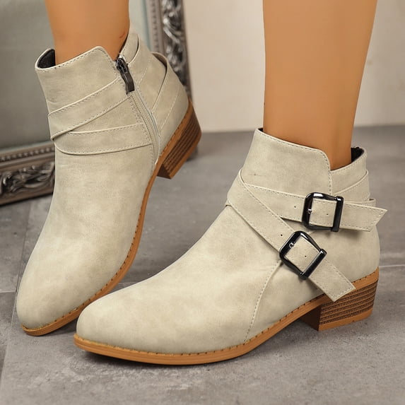 EKVAHL Short Ankle Boots for Women 2026 Pointed Toe Chunky Stacked Heel Booties Zip Up Western Boots Shoes Low Heel Pull On Short Western Boots Comfortable Outdoor Cutout Perforated Booties