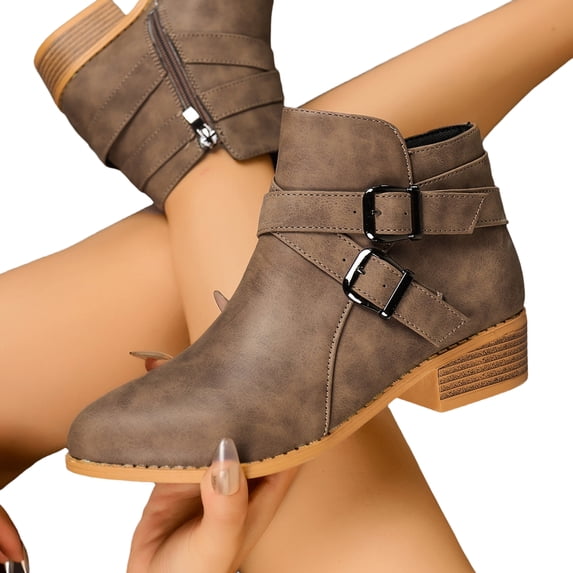 EKVAHL Short Ankle Boots for Women 2026 Pointed Toe Chunky Stacked Heel Booties Zip Up Western Boots Shoes Low Heel Pull On Short Western Boots Comfortable Outdoor Cutout Perforated Booties