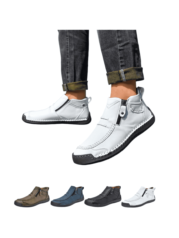 Slip On Orthopedic Leather Boots for Men Casual Lightweight Arch Support Dress Shoes with Side Zipper Outdoor Breathable Hiking Business Sports Shoes