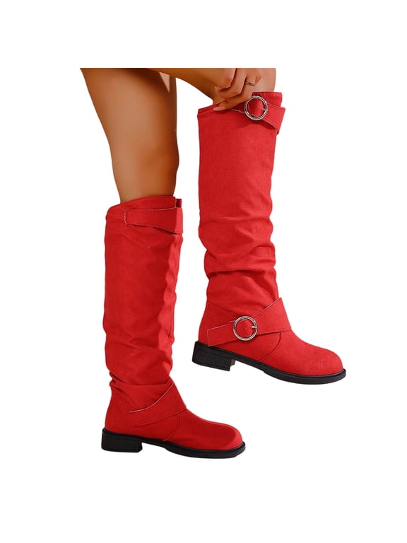 Slouchy Riding Boots For Women Round Toe Flat Low Heel Knee High Boots Tall Wide Calf Western Boots Dressy Pull On Fashion Dress Long Vintage Fall Winter Boots
