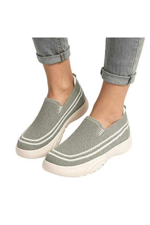Striped Mesh Loafers for Women & Elderly, Slip-On Casual Breathable Knit Sneakers, Orthopedic Arch Support Wide Width Daily Walking Sport Shoes Green