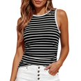 thumbnail image 1 of EKVAHL Tank Tops For Women Ribbed Knit Round Neck Striped Camis, Slim Side Ruched Stretchy Blouses, Casual Daily Summer Sleeveless Tops Black, 1 of 3