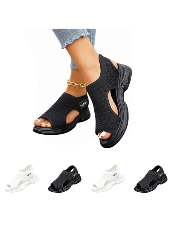Water Shoes for Women, Orthopedic Open-Toe Sport Sandals, Arch Support Slip-On Shoes, Knit Cushioned Non-Slip Summer Beach Sandals Black