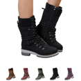 thumbnail image 1 of EKVAHL Women Buckle Knitted Mid Calf Boots Winter Lace Up Outdoor Casual Side Zipper Boots Round Toe Dressy Walking Booties, 1 of 6