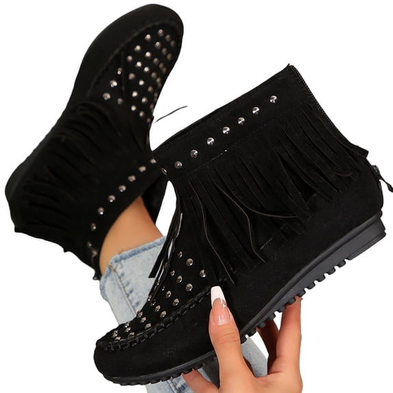 EKVAHL Women Classic Fringe Studded Boots Suede Tassel Cowboys Round Toe Flat Booties Retro Low Heel Fashion Casual Winter Ankle Booties
