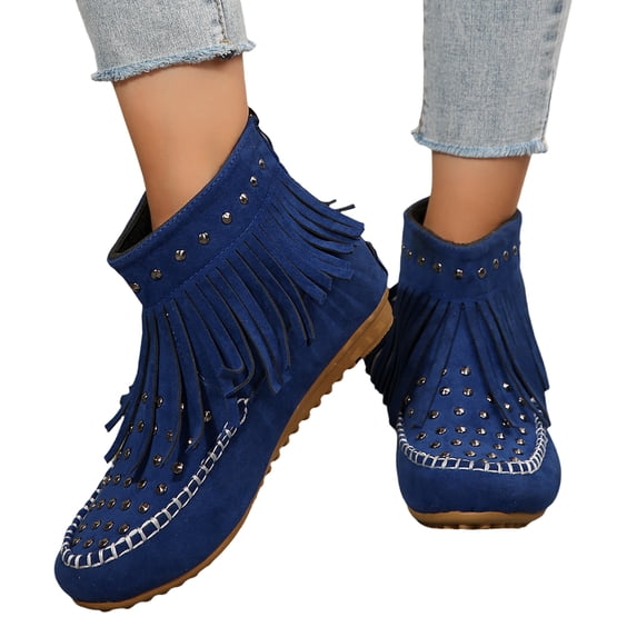 EKVAHL Women Classic Fringe Studded Boots Suede Tassel Cowboys Round Toe Flat Booties Retro Low Heel Fashion Casual Winter Ankle Booties