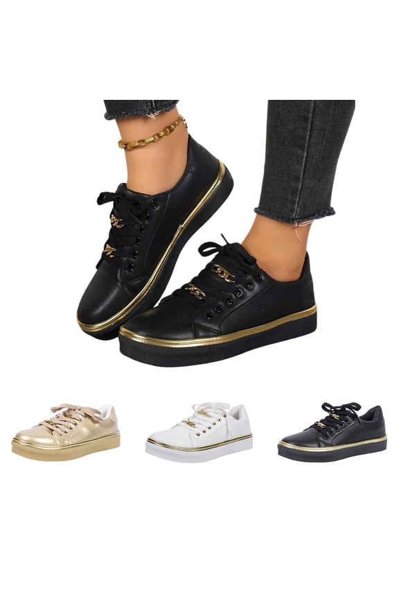 Women Lace-Up Leather Sneakers Platform Chunky Heel Athletic Shoes, Round Toe Non-Slip Trendy Running Casual Shoes Black