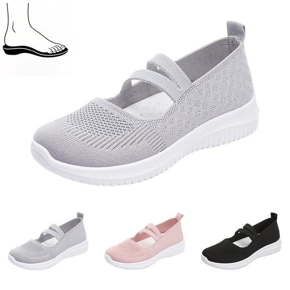 EKVAHL Women Mary Jane Walking Shoes Knit Slip-On Flats for Women, Diabetic Casual Nurse Shoes with Arch Support Gray