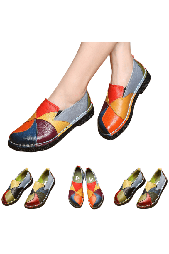 Women Multi-Color Stitched Loafers Slip-On Leather Casual Shoes, Soft Sole Flat Driving Walking Shoes for Ladies Red