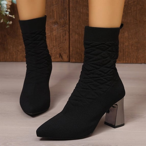 EKVAHL Women'S Chunky High Heel Knitted Ankle Boots Pointed Toe Slip On Stretch Socks Mid Calf Boots For Fall Winter Dress Dating Booties